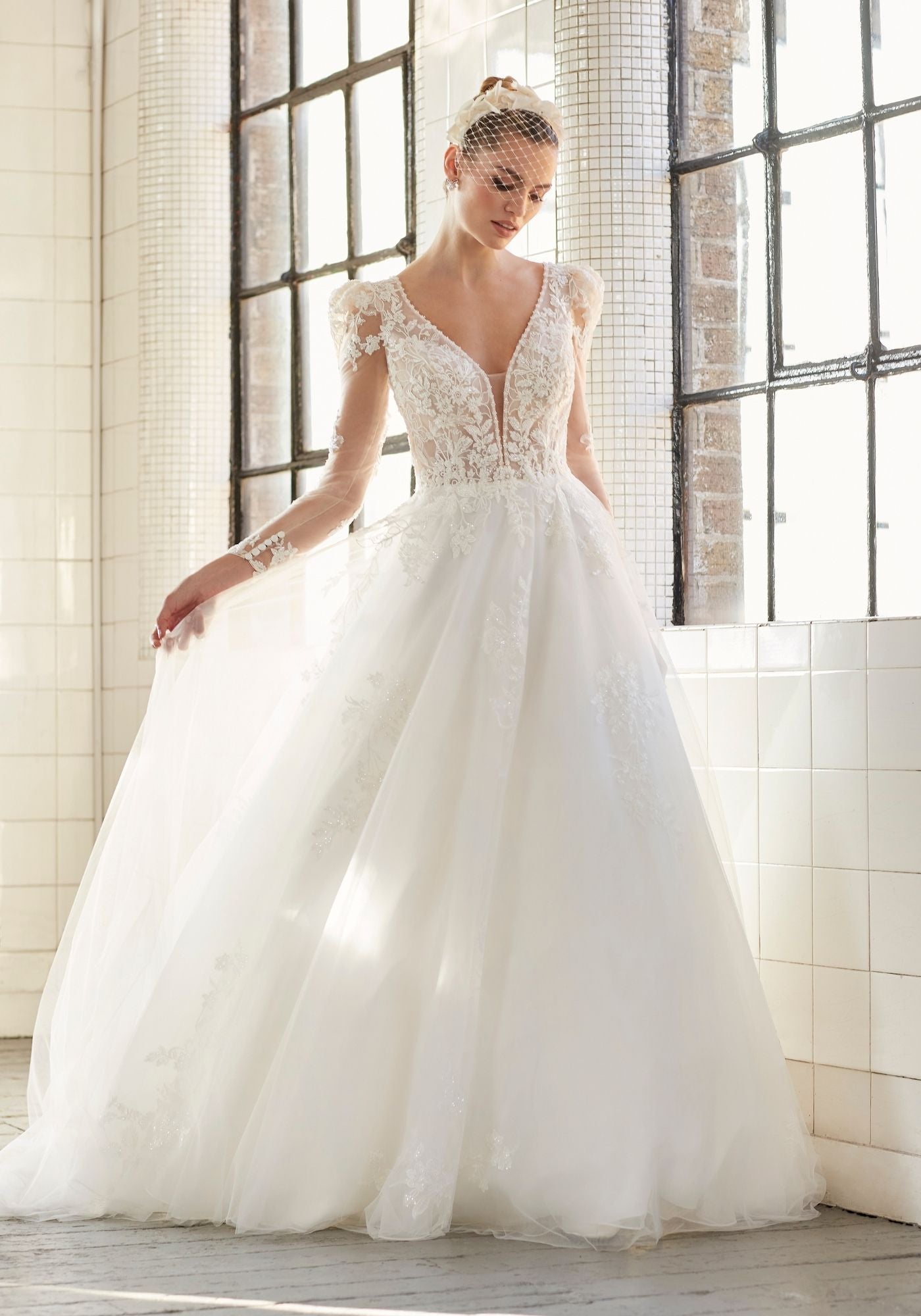 A-line wedding dress with sheer bodice and plunge neckline ellis bridals A-line wedding dress with sheer bodice and plunge neckline ellis bridals