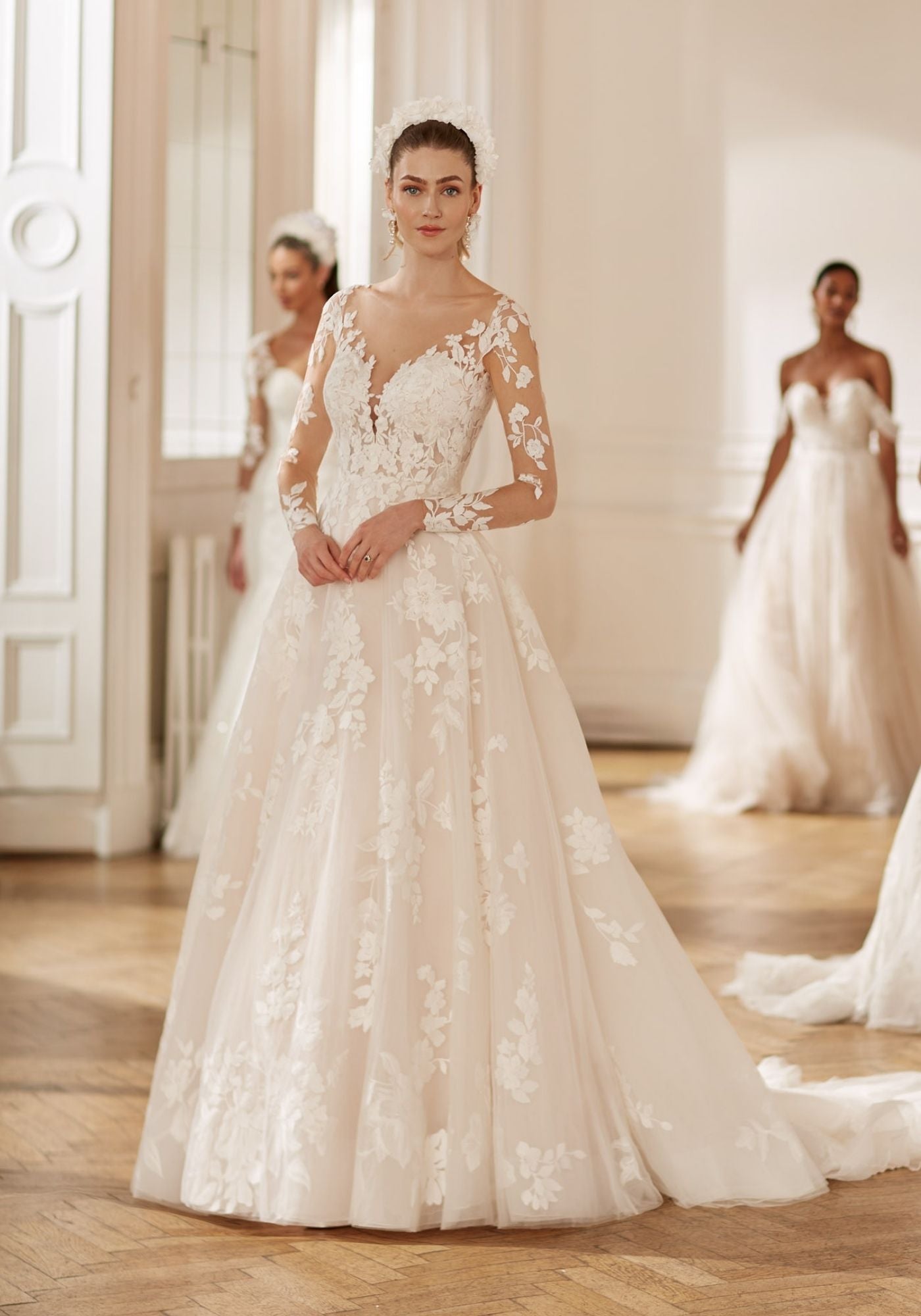 Illusion sleeve a-line wedding dress with soft v neckline and lace ellis bridals Illusion sleeve a-line wedding dress with soft v neckline and lace ellis bridals